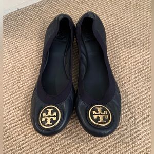 Tory Burch Caroline 2 Matte Leather Stretch Ballerina Flats, Bright Navy, Size 9